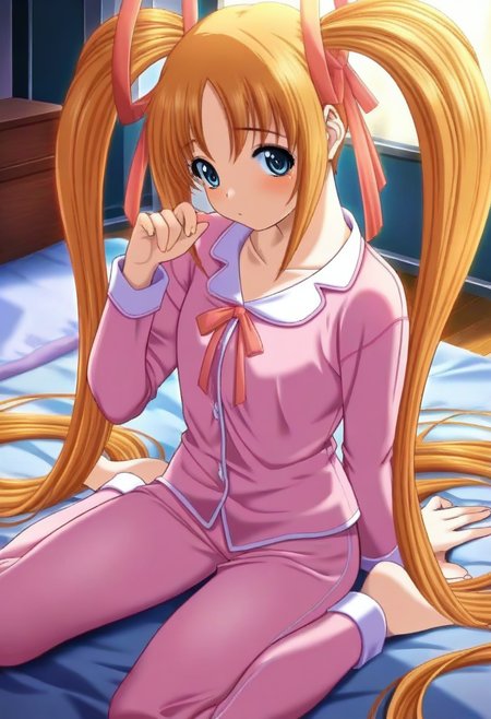 masterpiece,best quality,amazing quality,very aesthetic,absurdres,newest,<lora:Kashiwagi Airi_Saishuu Chikan Densha_ilxl_v1-000010:1>,1girl,solo,twintails,blue eyes,ribbon,orange hair,hair ribbon,very long hair,kashiwagi airi,pajamas,wariza,looking at viewer,