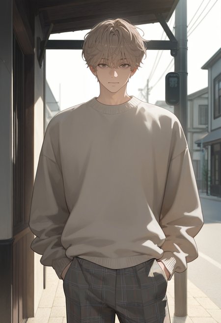 masterpiece,best quality,amazing quality,very aesthetic,absurdres,newest,Volumetric Lighting,available light,highres,realistic shadows,1boy,male focus,solo,light brown hair,curly hair,short hair,sweater,plaid_pants,pose,outdoors,day,street,<lora:handsome_guy_style_2:0.6>,<lora:trt_v0.3_noobai_cwhj:0.7>,