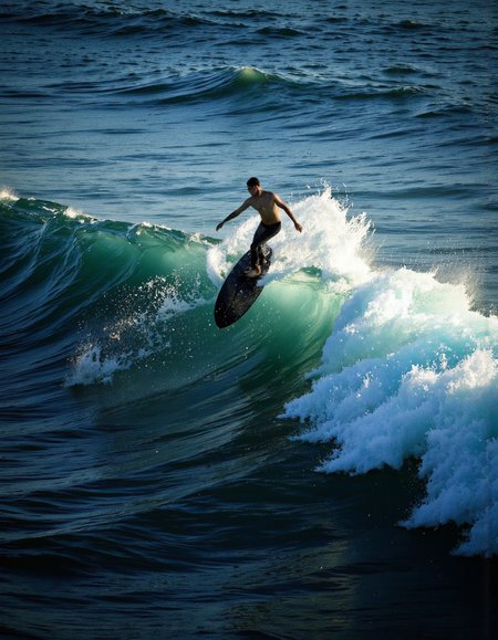 wavefun. A photo-realistic shoot from a bird's eye view about a silhouette of a surfer riding a large wave in the ocean at night. the image also shows a powerful wave breaking in the middle of the image, creating a dynamic and vibrant scene. on the center of the frame, a young man, who appears to be in his early twenties, is standing on a black surfboard, facing away from the camera, with his full body visible. he is wearing a black wet suit, and his face is not visible due to the wet suit. the man is completely nude, with no clothing or accessories on. he has short hair and a slim body. the background shows a deep blue ocean with small waves, and the lighting is dramatic, highlighting the contours of the water and creating a sense of depth and movement. <lora:Wind_&_waves_:0.8>