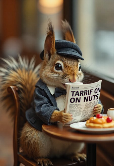 iphone photo A semi-realistic squirrel sitting at a miniature café table, sipping from a tiny espresso cup. The squirrel is dressed in a dapper suit and bow tie, with a small beret perched jauntily on its head. It holds a tiny newspaper with the headline in bold ("TARRIF ON NUTS":1.35) on the top, in its paws, appearing deeply engrossed in the day's headlines. The café setting is charming, with miniature pastries and a steaming pot of coffee on the table. The squirrel's tail is elegantly draped over the back of the chair, adding a touch of whimsy to the humorous and unexpected scene. . large depth of field, deep depth of field, highly detailed