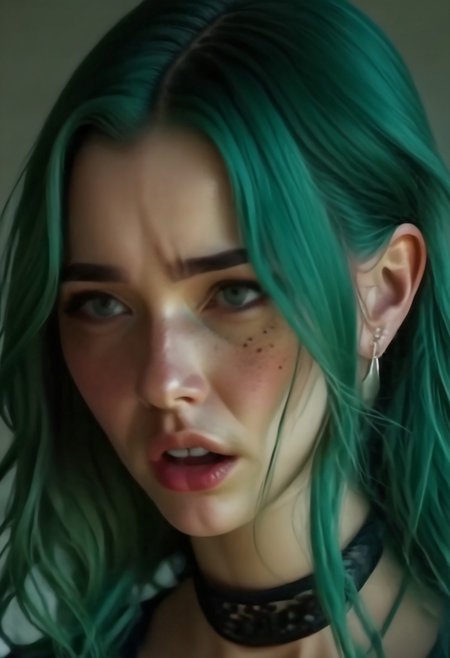 Realistic, realism, 4K, hi-res, Daphne, 20, green hair, freckles, black collar, front facing, (angry), (enraged), wild,