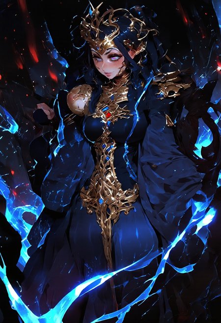Anime Style,mythp0rt,anime. A woman with long black hair pooling past her feet, blue eyes shining with a mystic glow, gesturing to the surroundings with a hand full of lightning. Her dress, deep blue with gold decorations,is long and fantasy like,long enough that it's excess pools past her feet like a skirt.her hair is in a hime cut style with uneven bangs and long side bangs, her hair adorned by various jewel like a headdress, parts of her hair fluttering in the wind. Her expression cocky, the lighting casting shadow onto the character giving her face more depth, The back ground is filled with a sense of grandeur, a great figure fighting through the galaxy, her figure shadowed by the light of distant stars.Full body shot, zoomed out shot, jewelry, robe, dress,art by incase