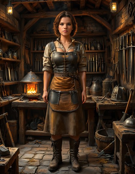 looking at viewer,(A strong and elegant female,1girl,short brown hair,medium breasts:1.3), blacksmith standing confidently in her medieval forge shop,medieval f0rg3 sh0p. She has a determined expression on her face, with soot and ash lightly marking her skin. She is wearing a thick leather apron with scorch marks, a rolled-up linen shirt underneath, and sturdy boots. Her muscular arms are visible, showing the strength of her craft. The background shows a dimly lit, rustic workshop filled with medieval tools: an anvil, a glowing furnace, hanging tongs, and shelves lined with metallic objects like swords and horseshoes. The warm orange glow of the fire contrasts beautifully with the dark, shadowy corners of the shop. The atmosphere is filled with details of realism, evoking a sense of hard work and medieval craftsmanship.<lora:SDXLFaeTastic2400:0.4> <lora:extremely_detailed:0.4> extremely detailed, <lora:medieval_f0rg3_sh0p:1>, Masterpiece,best quality,hi res,8k,hi res,8k,award winning,(sharp focus, intricate, highly detailed),