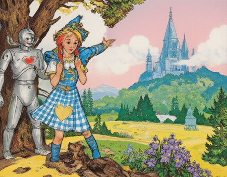 Colored Pencil Art, <lora:vladimirsky:1>, This is a whimsical and enchanting illustration in the style of a brightly colored pencil drawing, inspired by the magical world of The Wizard of the Emerald City by Alexander Volkov. The scene depicts a breathtaking moment from the book, filled with wonder, adventure, and the charm of Oz-like landscapes., 
At the heart of the composition stands Elena (or Ellie), the young heroine, dressed in her iconic blue-and-white checked dress, which is rendered with soft pastel tones and intricate textures to highlight its simplicity yet charm. She holds Totoshka, her loyal dog, close to her chest as they stand at the edge of a winding yellow brick road that stretches into the distance, disappearing into an emerald-green forest. Her expression is one of curiosity and determination, reflecting her brave journey ahead., 
Surrounding Elena are her companions:, 
Strasheelo (Scarecrow) leans casually against a tree trunk, his body made entirely of straw, with stitches and patches clearly visible on his fabric clothing. His face, drawn with delicate shading, shows intelligence and warmth despite being devoid of a brain., 
Zhelezoed (Tin Woodman) stands proudly nearby, his metallic body gleaming with reflections of gold, silver, and copper created through layered colored pencils. His heart-shaped emblem on his chest shines brightly, symbolizing his quest for love and compassion., 
Lev (Cowardly Lion) crouches protectively beside Elena, his golden mane flowing dramatically in the breeze. His features combine strength and vulnerability, capturing his inner struggle for courage., 
In the background, the landscape unfolds in layers of vibrant colors:, 
A vast meadow filled with wildflowers in every hueâblues, purples, yellows, and pinksâstretches toward the horizon., 
In the distance, the spires of the Emerald City rise majestically, their green glow enhanced by subtle highlights and shading techniques., 
Above, the sky transitions from soft morning pink near the horizon to deep azure overhead, dotted with fluffy white clouds., 
Every element in the frame contributes to the mood:, 
Color Palette : Rich, harmonious colors achieved through layered colored pencils bring life to the characters and scenery. Soft pastels for Elena's dress contrast beautifully with the bold greens of the forest and the metallic sheen of Zhelezoed's body., 
Texture & Technique : The use of colored pencil textures emphasizes the unique qualities of each characterâthe roughness of Strasheeloâs straw stuffing, the smooth shine of Zhelezoedâs metal surface, and the soft fur of Levâall rendered with meticulous attention to detail., 
Emotional Depth : The scene radiates hope, friendship, and adventure. Each characterâs expression and posture convey their individual journeys while uniting them in a shared goal., 
The overall tone of the image is joyful, dreamlike, and inspiring, celebrating themes of friendship, self-discovery, and the power of belief. It invites viewers to step into the magical world of the Emerald City and join Elena and her friends on their incredible journey., 
Additional keywords: whimsical art, fairy tale illustration, colorful pencil drawing, fantasy landscape, Volkov inspiration, Wizard of Oz adaptation, vibrant textures, cartoonish realism, magical realism, enchanted atmosphere., colored pencil strokes, light color, visible paper texture, colored pencil art