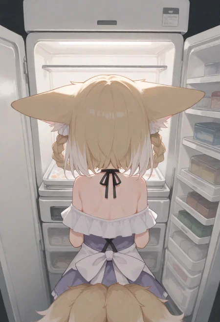 1girl, suzuran (arknights), opening refrigerator, detailed background, 
(zankuro:0.2), wagashi \(dagashiya\), chen bin, very awa, very aesthetic, masterpiece, best quality, amazing quality, absurdres  <lora:ponyv6_noobV1_2_adamW:0.5> <lora:n_XLNBVP1lokrV6311P:0.2> <lora:748cmXLNBVP1lokrV6311PZ:0.2> <lora:ricotte2:0.2>