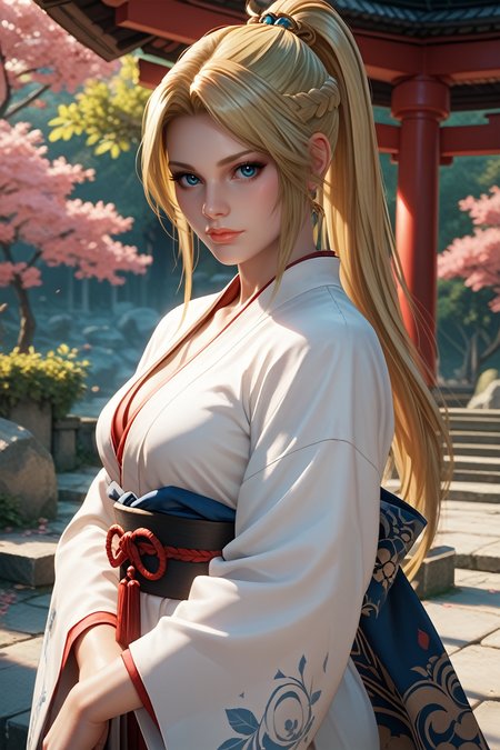 score_9, score_8_up, score_7_up,
<lora:DOAHelena:0.8>
DOAHelena, 1girl, blonde hair, blue eyes, long hair, ponytail, looking at viewer, stands in a dimly lit, sacred shrine