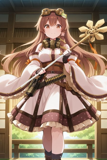 absurdres, highres, masterpiece, best quality, amazing quality, official anime artwork, screencap, anime screencap, indoors, light smile, looking at viewer, 
 <lora:Sanae-Kochiya_IllustriousV2:1> kochiya sanae, 1girl, solo, brown eyes, brown hair, long hair,, brown frog ornament, brown snake ornament, kochiya sanae \(legacy of steel and steam\), alternate costume, alternate eye color, alternate hair color, goggles on head, brown goggles, gas mask, bare shoulders, sleveless top, white top, frilled sleeves, detached sleeves, wide sleeves, white sleeves, black gloves, fingerless gloves, holster, ammunition belt, white skirt, frilled skirt, black socks, brown boots, holding staff,