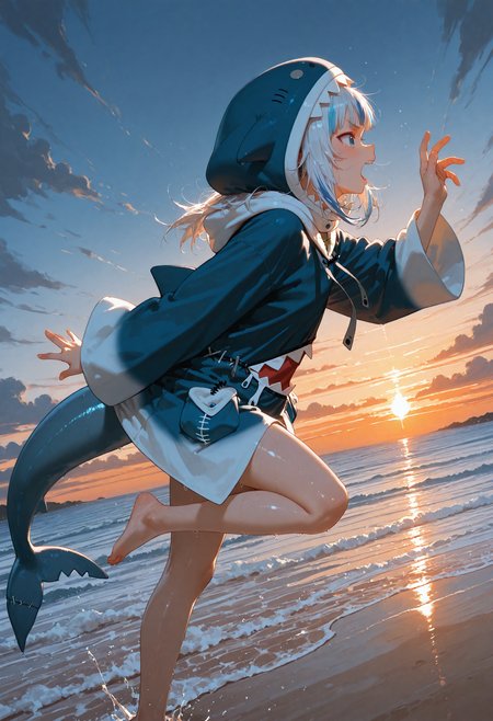 ((semi realistic)), (masterpiece, best quality, amazing quality), very aesthetic, ultra detailed, highly detailed, intricate details, absurdres, (volumetric lighting, HDR), dynamic angle, (from side:0.5), (from above:0.8), ((solo)), 1girl, gawr gura /(hololive/),  1st costume, shark shaped hood, in beach, jumping, sunset, light from horizon, one leg up horizontally, one hand up ,Palm facing forward, fingers bented slightly,  yelling,