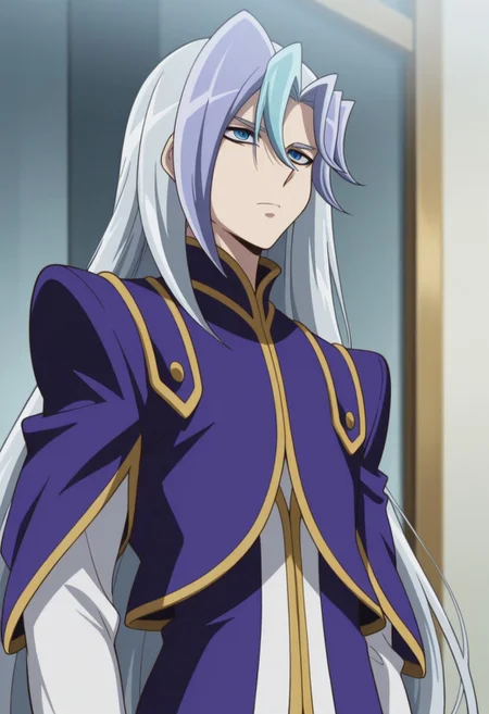 masterpiece,best quality,amazing quality, source_anime, 
chrisArclight, 1boy, male focus, solo, blue eyes, multicolored hair, grey hair, blue hair, long hair, shirt, white shirt, coat, purple coat, short over long sleeves,