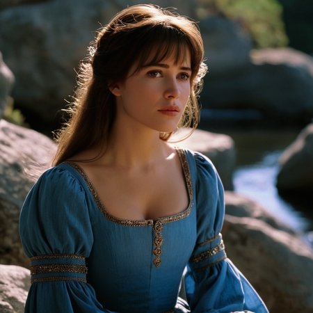 UHD, 4k, ultra detailed, cinematic, a photograph of <lora:detailed:0.2> 
<lora:perfection style:0.2>
<lora:Ron Fricke style:0.1>
 <lora:Braveheart film style:0.8>
In 1280 Sophie Marceau Princess Isabelle a woman in a blue dress sitting on a rock,1girl,solo,looking at viewer,brown hair,black hair,long sleeves,brown eyes,closed mouth,upper body,blurry,lips,blurry background,head rest,realistic,fine art parody , 13th century, cinematic, kodak, Braveheart film style, epic, beautiful lighting, inpsiring