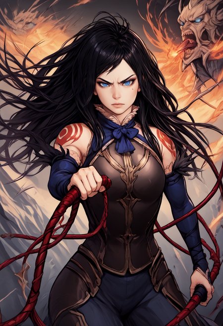 score_9, score_8_up, score_7_up, BREAK, score_9,  <lora:pony_good_hands:1>, <lora:whip:1>, <lora:shanoa:1> shanoa, long hair, black hair, blue eyes, tattoo, good_hands, holding whip, fighting stance, whipping, absurdres,
