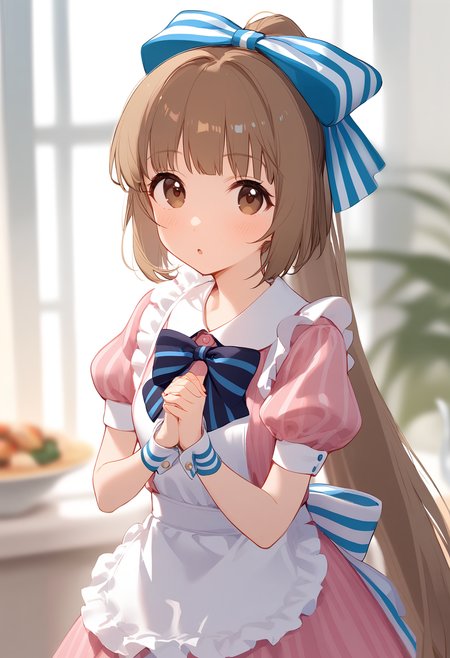 1girl,
yorita yoshino,


blush, parted lips, blurry, blue bow, short sleeves, wrist cuffs, solo, sunlight, striped bow, hands up, day, frilled apron, standing, blue bowtie, white apron, dress, indoors, very long hair, bow, striped, pink dress, ponytail, bowtie, puffy sleeves, brown hair, frilled dress, hair bow, frills, puffy short sleeves, long hair, own hands together, brown eyes, depth of field, blurry background, looking at viewer, apron, :o,

sfw
<lora:a31_char_new_yorita_yoshino-000016:1> <lora:a31_style_koni-000010:0.8>