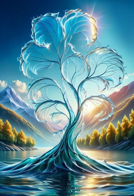 UHD, masterpiece, high quality, extremely details, intricate details, sharp focus, realistic, OverallDetailXL, sss
a tree made of water with leaves on fire ,ais-wvs, strong wind, leaves dancing in the air, lake surrounded by mountains,sun sunlight, sunray
