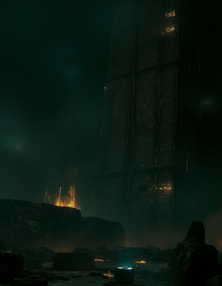 dark sci-fi picture,space horror,space odyssey,, faded colors, masterpiece, best quality, 8k, hyper detailed, best quality, ultra high res, high resolution, detailed, raw, Hollywood Cinematic Film style,epic photography,dramatic light,Kodak film style,,DarkAtmosCE style,,Blade Runner style,,anime style,<lora:Luminous_Shadowscape:0.6>,<lora:Hollywood Cinematic Film style v1:1>,<lora:DarkAtmospheric:0.6>,<lora:Blade Runner style v1:1>,<lora:anime style (Tales of black freighter) v1:1>, a tall building with a light on it's side in the rain at night with a city below,Eve Ryder,star citizen halo,concept art,brutalism,