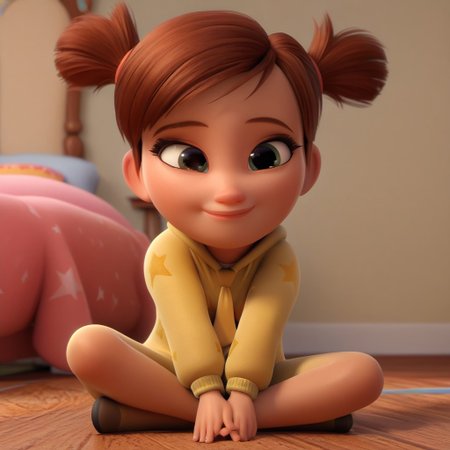 Tina Templeton, solo, DreamWorks Animation style,  3D, brown hair, twintails, black eyes, smile, sitting, female child, yellow onesie with star and moon pattern, brown hair, 1girl, yellow necktie, short hair, full body, bedroom