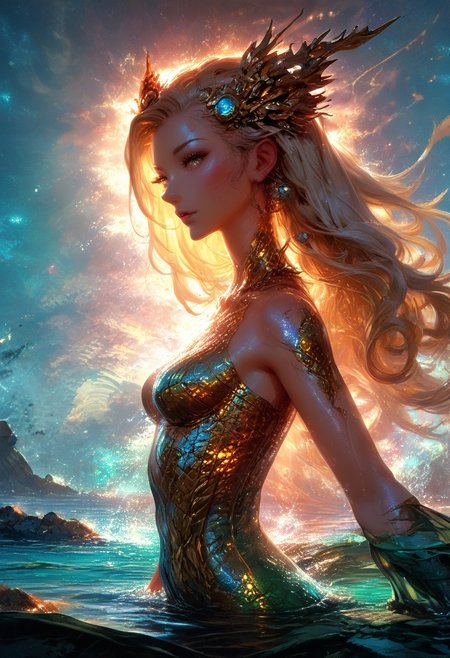 (score_9, score_8_up), score_7_up, zPDXL, solo, zPDXL3, <lora:MythAnim3Style:0.8>, MythAn1m3, character, source_anime, 1girl, mermaid, Iridescent eyes, aquatic scene, dreamlike atmosphere, mystical, ethereal light, detailed textures, whimsical, rippling, dripping, water element, very long cascading hair, water, very beautiful, sexy, sexy body, beautiful body, scales, wet body, Iridescent scales, bubbles, water drops, Iridescent skin, multi colored eyes, partially underwater shot, bioluminescent skin, bioluminescent, glowing, bioluminescent scales, bioluminescent hair, bioluminescent scales, FastNegativeV2, laser light clothes, submerged breast, water line on lense, view from under water, waterline, great lighting, seashells details, metallic details, hair ornaments, gems, sunset, bioluminescent tattoos, coastal  landscape background, long hair braids,  wet transparent clothing, translucent clothing, bodysuit with flowing sleeves, dark hair