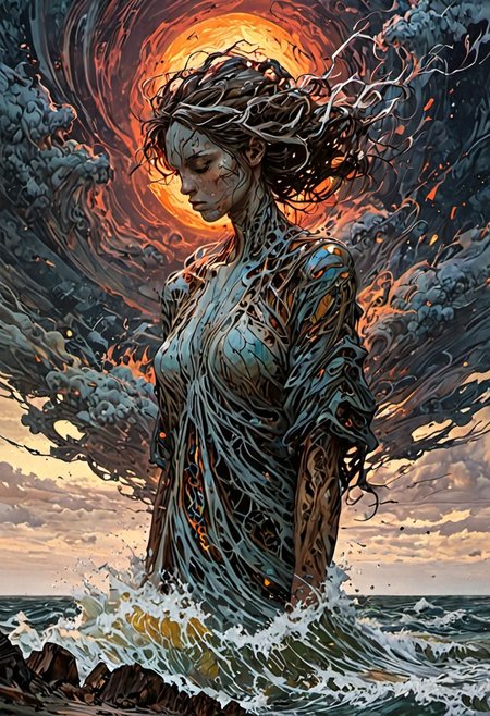 Pastel zbrush render of Paquetá Island. vintage style design, under the blazing sun. Their faces, blistered and sunken, show no hope as they fall to the ground, defeated by a world stripped of life and water. with shadows loom, all interwoven dark corridor with black walls, and the dim lighting softly reflects off her porcelain figure. glitched wavy distortions, non-representational, colors and shapes, expression of feelings, imaginative, model, to create a sense of rhythm and flow. Heather Theurer, The sky above ripples like water, great lighting, fenliexl, mixed media, surrealism, otclillsn, FRESHIDEAS Real Photography 2#