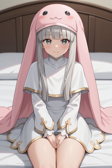 score_9, score_8_up, score_7_up, source_anime, rating_safe, intricate details, anime screencap, official style, 1girl, solo, <lora:Sistermon_Blanc:1>, sistermonblanc, grey eyes, grey hair, pink hat, very long floppy animal ears, white dress with gold trim, long sleeves, white capelet, thighs, looking at viewer, smile, indoor, cowboy shot, sitting on bed, closed mouth, thick thighs, smile, blush
