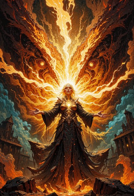 masterpiece, high-quality, hyperdetailed, refined details, best quality, high resolution, An ancient spellcaster, her once-lustrous robes reduced to singed tatters, stands in the epicenter of a colossal magical vortex. Tendrils of arcane lightning pulse and crackle, converging on her outstretched arms. Her eyes glow with otherworldly resolve, yet her face is contorted in anguish as lances of destructive energy pierce her chest. Shimmering streams of her life force arc outward, forging a luminous barrier that holds back an enormous demon clawing at the edges of reality. The background is a cyclone of swirling ash and warping space, fracturing glimpses of ancient towers and twisting them into oblivion. In this one pivotal moment, she sacrifices everything for the world, her every vein lit from within by scorching magical power. Heavy chiaroscuro underscores the dramatic, heroic tragedy of the scene, <lora:FLUX\Anime v1.3:0.5> <lora:FLUX\FLUX-daubrez-DB4RZ:0.3> <lora:FLUX\VividlySurrealOrigin:0.6> <lora:FLUX\PrismaticPersona:0.4>