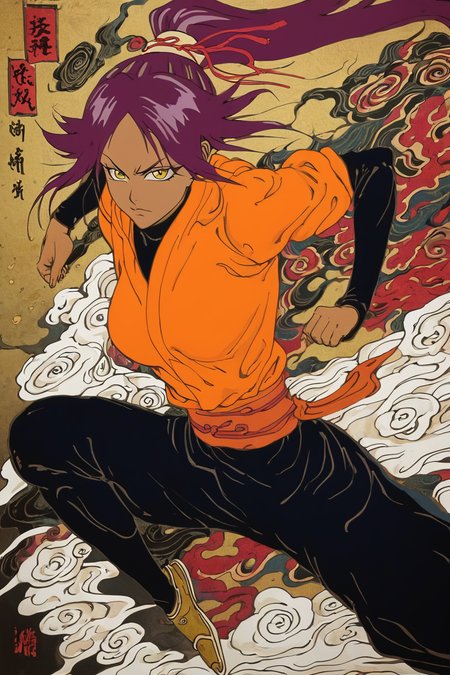 score_9, score_8_up, score_7_up, score_6_up, score_5_up, score_4_up,  <lora:yoruichi-shihouin-ponyxl-lora-nochekaiser:0.8> , yoruichi shihouin, long hair, yellow eyes, ponytail, purple hair, dark skin, dark-skinned female,bodysuit, black bodysuit, bodysuit under clothes, orange shirt, long sleeves, <lora:traditional_Japanese_art:1>,  traditional japanese art, 1girl, fighting stance, solo, alone,  masterpiece, highres