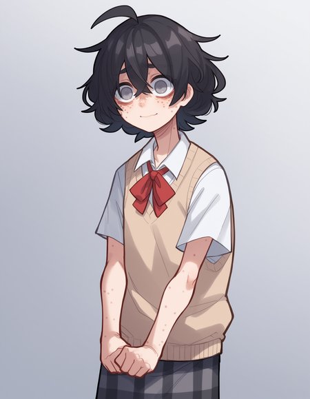 zPDXL, score_9, score_8_up, score_7_up, source_anime,
1girl, solo, <lora:Popoka_v2:1> ppka, black hair, short hair, messy hair, ahoge, freckles, grey eyes, empty eyes, blind, white shirt, beige sweater vest, plaid skirt, grey skirt, odd socks, different socks, nervous, light smile,