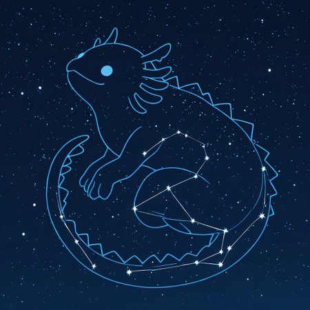 masterpiece, best quality, newest, absurdres, highres, anime, anime style, LSCV1.0, constellation, star (sky), starry sky, night sky, night, starry sky, no humans, animal, animal focus, axolotl, silhouette, monochrome,