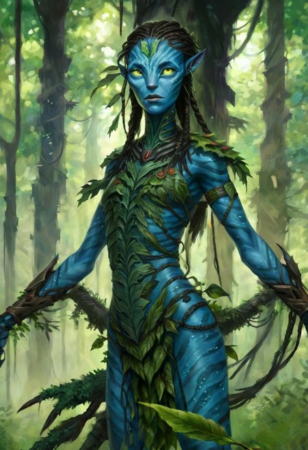 w4rh4mm3r style oil painting of a female cyborg Avatar navi alien with blue skin, wearing torn and damaged leaf and bark armor, with a cybernetic arm, burning forest of huge trees in the background, long electrical wires braided hair