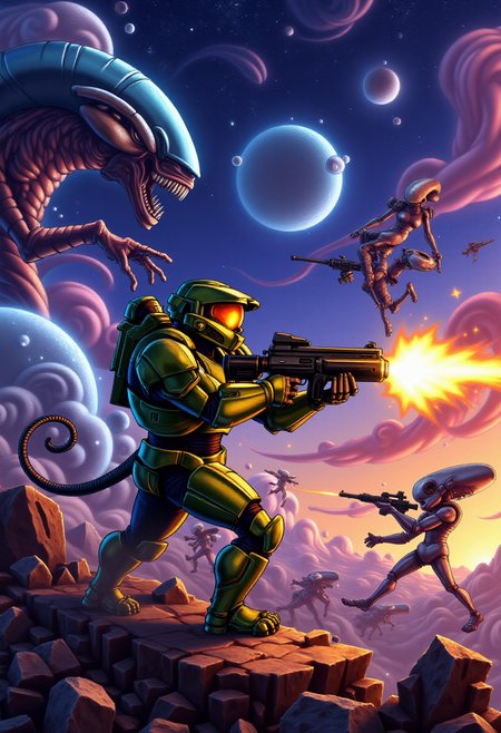 <lora:KFT_Curse_of_Dragons_Crown_Style_FLUX:1>
The image is a vibrant, digitally created kftfantasy illustration featuring   Master Chief shooting at aliens in space