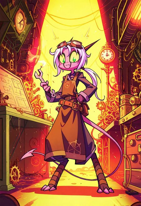 score_9, score_8_up, score_7_up,namah_calah,
1girl,solo,furry,tail, source_furry,horns,
 ,<lora:namah_calah_illustrious:0.8>,
child, kid, 
in goggles and a leather apron tinkers with a brass robot. Sparks fly from her wrench, and blueprints litter the floor. A mechanical parrot squawks on a gear-shaped clock, steampunk, goggles, apron, robot, mechanical_parrot, sparks, wrench, blueprint, gears, clockwork, workshop, oil_stains, brass, leather, ponytail, determined_expression, smoke, toolbelt, industrial_lighting
