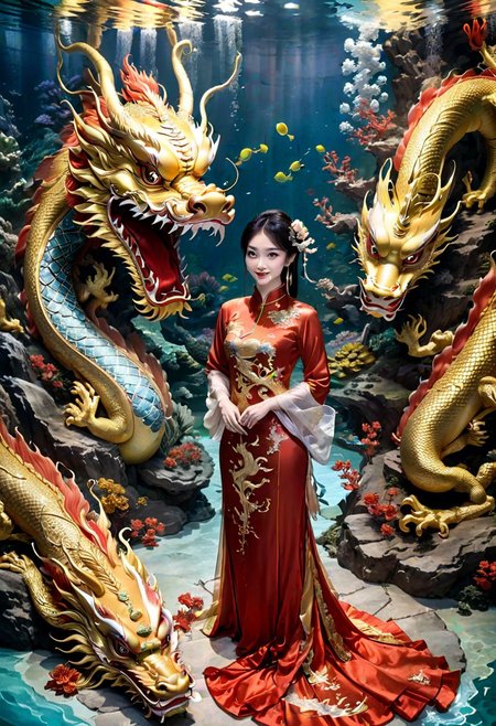 Chinese Dragon and Pretty lady, celebration Chinese New Year in the palace, under water world.