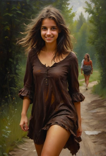 (((classical oil painting))), (((beautiful cute happy Hungarian girl wearing scruffy summer clothes))), messy dark-brown medium-length hair, (embarrassed), medium breasts, (((snub-nose))), ((dimples)), (((narrow hips))), ((dark eyes)), ((underboob)), mittens, (((candid))), (deserted dark village), (evening), Intricate textures, (high detailed skin:1.7),