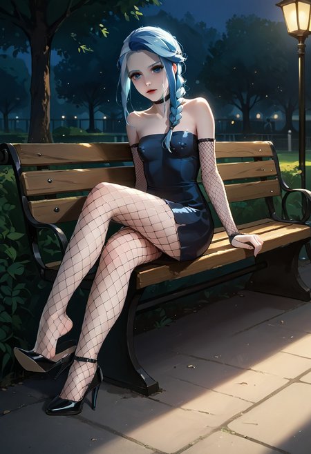 score_9, score_8_up, score_7_up, score_6_up, score_5_up, score_4_up, young woman, long blue colored braided hair, blue hair, thin body, pale skin, small breasts, long legs, covered_piercing, nipple piercing bulge, covered nipples, wearing black short dress, tight dress, strapless dress, wearing fishnet stockings, fishnet sleeves on wrists, sitting down on a Park bench, dangling high heel shoe from her foot, shoe dangle, high heels shoe dangle, very dark lighting, dynamic lighting,