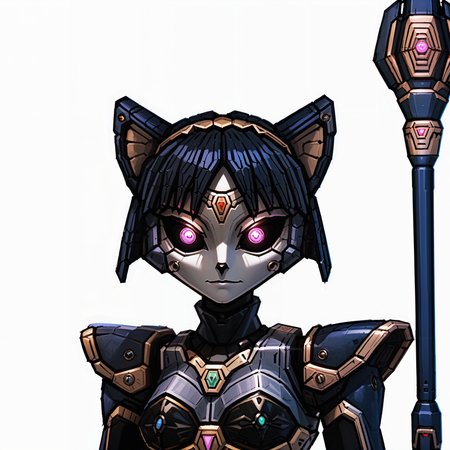 (<lora:Krystal_Starfox_PonyXL:1> Krystal, adventures, assault, krystal's staff, portrait, <lora:Robotization_Pony:1> Robot girl, Mecha, Android, mechanical limbs, robot joints, metal skin, black sclera, no mouth, armor, glowing eyes, no face), score_9, score_8_up, score_7_up