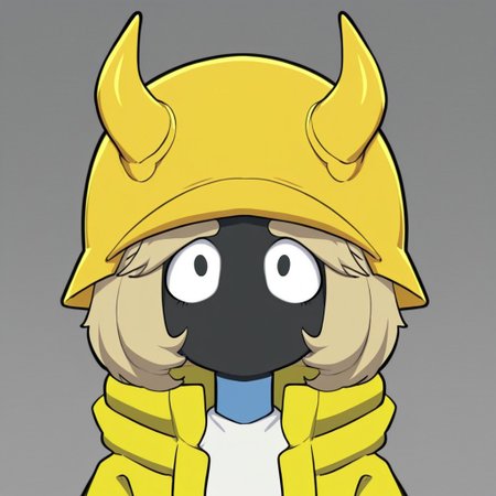 Tryhard Yunu, 1girl, solo, black skin, small round white eyes, elongated yellow helmet face with horns, open yellow coat, white shirt
Half body, Tryhard Yunu