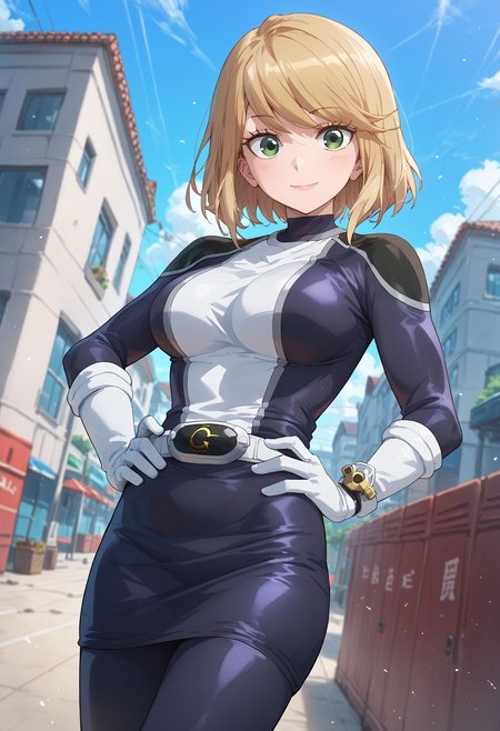 score_9, score_8_up, score_7_up, score_6_up, score_ANIME,desumi, 1girl, solo, smile, , green eyes, white gloves, blonde hair, looking at viewer, bodysuit, large breasts, swept bangs, <lora:magahara_desumi_pony2:1> pencil skirt,  bob cut,  hands on own hips, blue sky,  day,