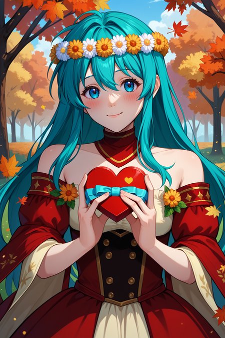 score_9, score_8_up, score_7_up, score_6_up, source_anime, 1girl, solo  <lora:valeirika-pdxl-nvwls-v1-000005:1> valEir, cyan hair, long hair, hair between eyes, head wreath, red dress, red ballgown, detached collar, bare shoulders, holding heart-shaped box, blush, shy, smile, looking at you, autumn