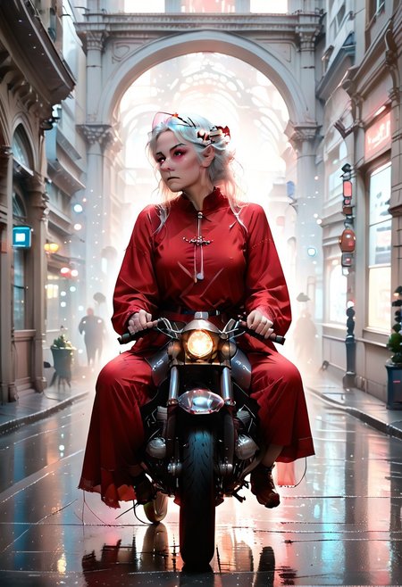 zPDXL3, zPDXLrl, 1girl, mclaus, white hair, old women, red christmas dress, full body, side view, cyberpunk motorcycle, solo, white hair, red eyes, android, motor vehicle, g0th1c, glowing, neon lights, glowing eyes,, white skin, barcode, expressionless, riding, closed mouth, on motorcycle, science fiction, robot ears, city street, street light, neon lights, night,