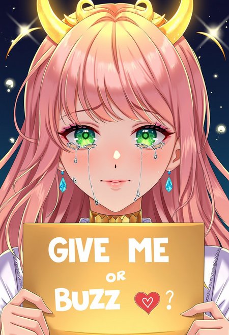 Holding a sign with the text " Give me Buzz or" 
Below the text is a shiny bright Gold Heart emoji
A close-up of a female character with long, flowing pinkish hair, subtly adorned with glowing, fiery elements, creating an ethereal look. Her serene expression contrasts with the deep emotion in her vivid green eyes, which brim with glossy tears cascading down her cheeks, catching the warm light. Her eyes, glowing with intricate reflections, convey quiet intensity despite her calm demeanor.
A radiant crown of glowing golden beams forms a halo around her head, paired with horn-like adornments that give her a regal, otherworldly presence. The golden light enhances her ethereal beauty, casting soft shadows on her delicate features, blending majesty with vulnerability. Beneath her chin, a golden, scale-like collar gleams, while glowing blue crystal earrings dangle gently, symbolizing her connection to both divine and earthly realms.
The scene is bathed in a warm, radiant glow, with golden sparkles floating around her, set against a backdrop of deep blues that contrast beautifully with the fiery golds. This interplay of light, regal adornments, and cascading tears gives the character an aura of divine sorrow or quiet strength, as if she is a celestial being lost in a moment of profound contemplation. Her expression and adornments evoke a powerful mix of beauty, vulnerability, and grace