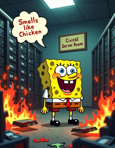 spongebob squarepants says in speech bubble "Smells like chicken", in a room full of burning videocards, sign says "CivitAI Server Room"