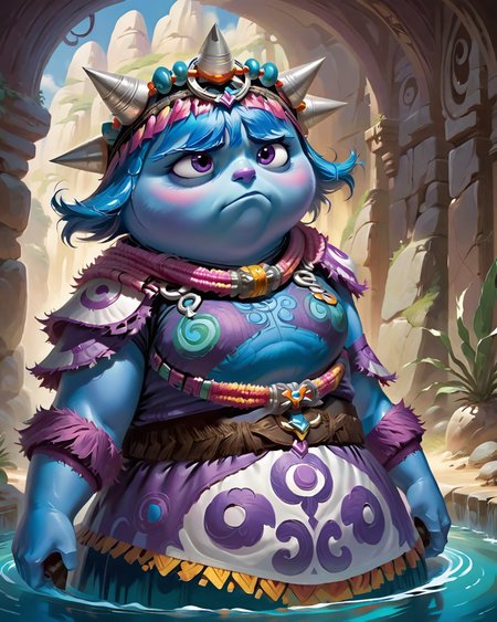 concept art, Fur-Trimmed hefty (Sadness from Inside Out:1.3) Bathing in a Archipelago, dressed in Groovy Vulgar armor, her hair is Bald, [Candid:Mind-Bending:9] Belt, Regret, Emo Art, Dramatic spotlight, <lora:Moroccan_Headdress_Ait_Baamrane:0.8> beautiful, traditional, headdress