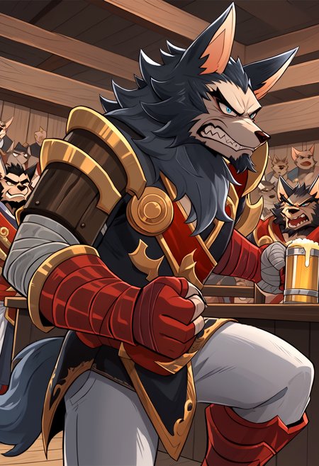 score_9, score_8_up, score_7_up, 8k, detailed design, detailed background, detailed characters, masterpiece, anthro only, furry only, people, crowd, busy,  <lora:Tydus-000001>, tidus (afk),1boy, animal ears, furry male,  armor, white pants, facial hair, shoulder armor, grey fur, animal ears, blue eyes, fang, red leg bandages, red arm bandages, spiked pauldrons, skirt, wolf boy, claws, gloves,   very angry, intimidating, yelling, brawling, brawl, fighting, incoming attack, fight, imminent attack, imminent hit, intense,  looking at viewer, smirking, unique angle,  from side,  inside, wooden bar, beer,