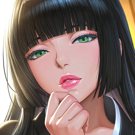 1girl, <lora:Gentiana_FFXV_ilxl_goofy:1> gentiana,  \(FFXV\),, adult woman, masterpiece, black kimono, hand up, black hair, long hair, hime cut, blunt bangs, detailed lips, luscious lips, lip gloss, portrait, colored eyelashes, backlighting, detailed eyes, green eyes, large breasts, goddess, glossy skin, ,hires,best quality, very aesthetic,absurdres,score_9, score_8_up, score_7_up, score_6_up, score_5_up, score_4_up, (hyper extreme detailed), (hyper quality), game CG, (colour:1.2),(from side:0.7)