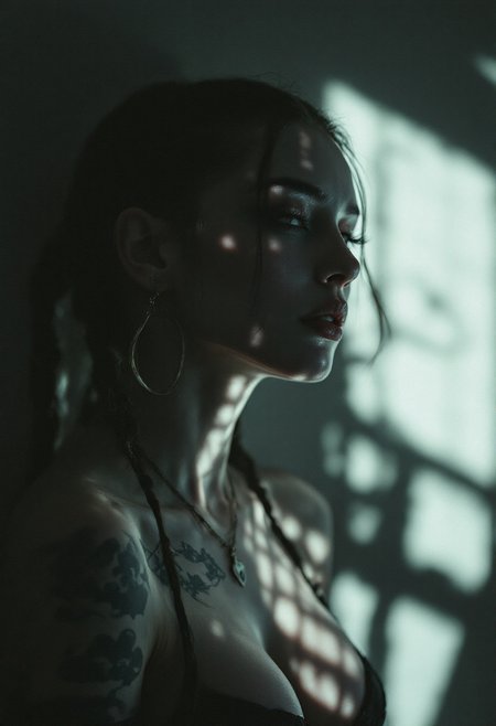 cinematic film still of a jinx with a shadow on her face casting shadow style cucoloris patterned illumination, shallow depth of field, vignette, highly detailed, high budget, bokeh, cinemascope, moody, epic, gorgeous, film grain, grainy
twin braids,small breasts,single elbow glove,short shorts,necklace,fingerless gloves,tattoo,cloud_tattoo,arm_tattoo,jinx
