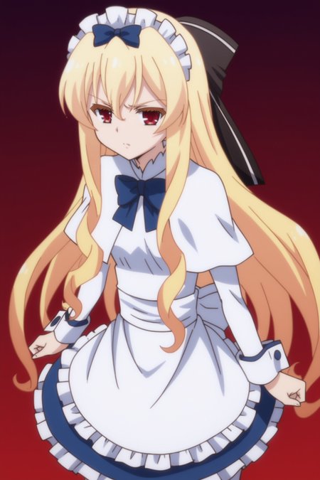 score_9, score_8_up, score_7_up, source anime, prefect lighting, very aesthetic, BREAK, anime coloring, anime screencap,
 <lora:leticia_draculair_v1-pdv6:1>, 1girl, leticia draculair, mondaiji-tachi ga isekai kara kuru sou desu yo?, red eyes, blonde hair, hair bow, long hair, small breasts, 
letimaid, maid, maid headdress, bow, ribbon, capelet, apron, white pantyhose, 
BREAK, looking at viewer, angry, 
BREAK,    (dynamic pose)