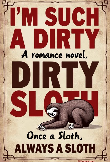 "IM SUCH A DIRTY SLOTH": A romance novel,  The cover features blocky Red and brown fonts, with a diagram of the Female sloth with her ass towards viewer. Subtitle humorously reads, "Once a Sloth, Always a sloth."