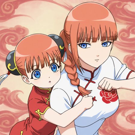 kagura(orange hair, blue eyes, double bun, black bun cover, red chinese dress), kouka(kagura mom, orange hair, blue eyes, braid, single bun, black bun, bun cover, white chinese dress) 2girl, cowboy shot, hugging,  intricate, elegant, highly detailed