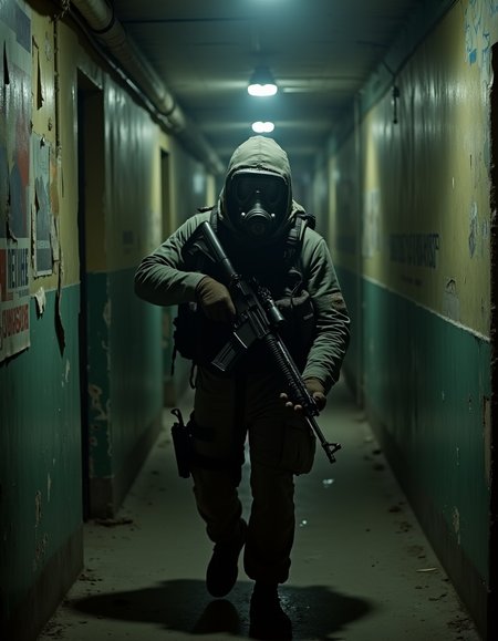 <lora:Dark Cinematic:0.5> DRK
A tense, cinematic scene of a soldier clad in dark tactical gear, his face obscured by a heavy-duty gas mask with fogged-up lenses. He grips a worn rifle tightly, its barrel slightly raised as he moves cautiously through the narrow, decaying hallways of a post-Soviet apartment building. The dim, flickering overhead lights cast long shadows, barely illuminating the peeling paint on the walls, exposing layers of faded colors and crumbling plaster.
The air is thick with dust, disturbed by his slow, deliberate footsteps on the grimy, debris-covered floor. Old Soviet-era posters hang tattered on the walls, their messages long forgotten. Rusted pipes run along the ceiling, some dripping, creating a faint echo that blends with the distant creaks of the aging structure. Faint graffiti in Cyrillic is scrawled across the walls, remnants of past occupants.
The soldierâs breathing is audible through the mask, adding to the suffocating atmosphere. His head tilts slightly as he listens for movement, the silence only broken by the occasional distant thud or the sound of wind howling through broken windows. The hallway ahead disappears into darkness, an eerie unknown that looms in front of him as he takes another careful step forward.