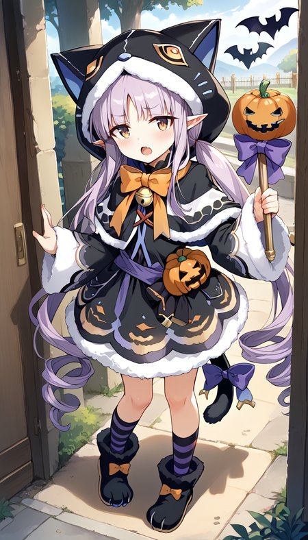 score_9,score_8_up,score_7_up,
official art,official style,game cg,megami magazine,
kyouka halloween,kyouka (halloween) (princess connect!),
animal ears,animal hood,bell,black capelet,black dress,
black footwear,black jacket,black skirt,blush,boots,bow,bowtie,brown eyes,capelet,cat ears,
cat hood,cat tail,dress,elf,fake animal ears,fur trim,fur-trimmed capelet,fur-trimmed dress,
fur-trimmed hood,fur-trimmed skirt,fur-trimmed sleeves,halloween,halloween costume,hood,hood up,
hooded capelet,kneehighs,kyoka (princess connect!),kyouka (halloween) (princess connect!),kyouka (princess connect!),
long hair,long sleeves,low twintails,open mouth,orange bow,paw shoes,pointy ears,purple bow,purple hair,
skirt,striped socks,tail,tail bow,tail ornament,twintails,very long hair,wide sleeves,yellow eyes,
1girl,solo,
standing,full body,
<lora:princess_connect_kyouka_pony_v1:1>,
