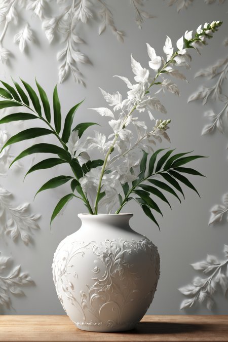 <lora:3DPrintingXL:1>,
masterpiece,(best quality),
official art,extremely detailed cg 8k wallpaper,
((crystalstexture skin)),(extremely delicate and beautiful),highly detailed,
WhiteMold,(white mold:1.2),nobody,plant,vase,