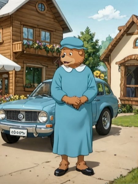 socre_9,score_8,score_7,source_furry,
berenstain_bear_mom, berenstain_mom, blue headwear, orange body, orange fur, bear ears, bear tail,
berenstain_bear_mom, berenstain_mom, mama_bear, berenstain_bear_mom, female, female furry, official art, official style, hat, furry, dress, 1girl, parody, blue dress, ground vehicle, hat, motor vehicle, car, 1girl, house, furry, parody, blue dress, window, furry female, flower, dress, outdoors, solo,
<lora:Mama_Bear_Berenstain_Bears_r1:1>